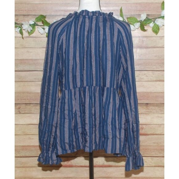 Wonderly Blue Striped Peplum Blouse Top Size L Ruffle Neckline Keyhole Neckline - Picture 6 of 11